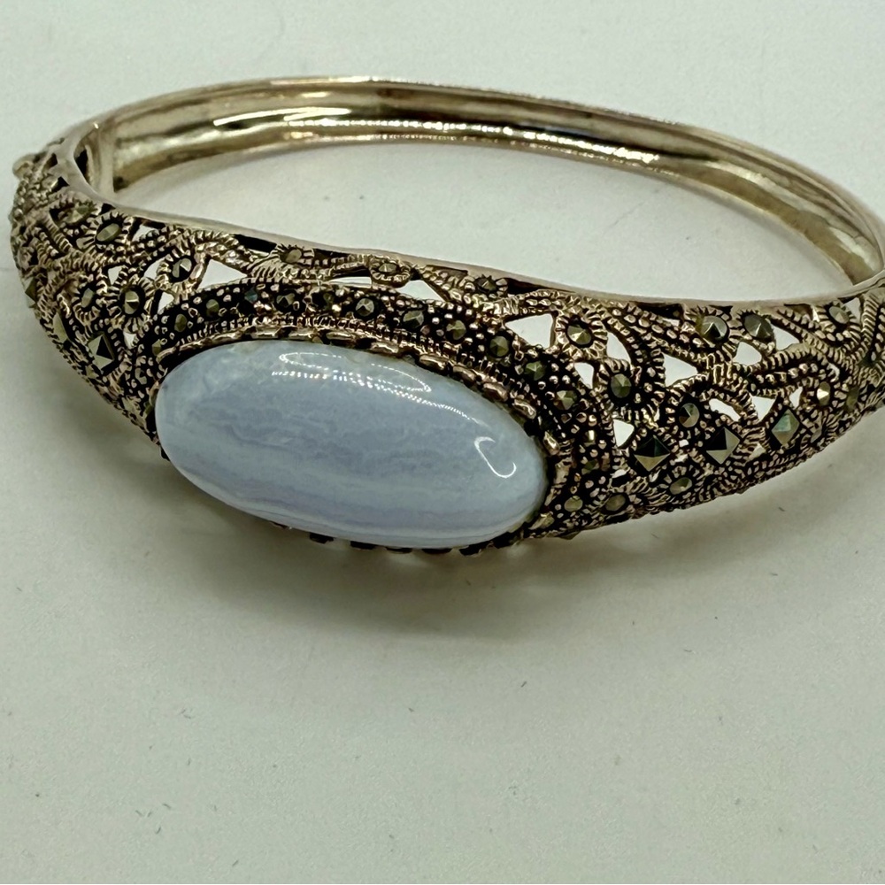 Vintage Sterling Silver Marcasite & Blue Lace Agate Hinged Bangle Bracelet 6.5-7 - Picture 14 of 17